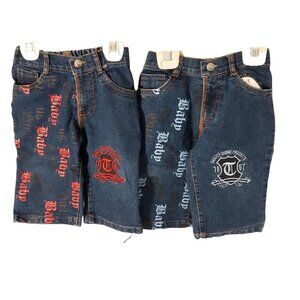 Trendy Baby Girl Denim Jeans Lot 18M Blue With Graphic Text & Embroidery Stylish